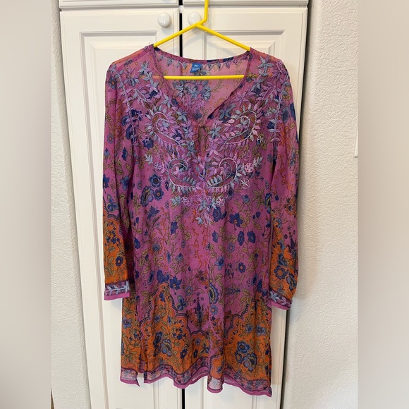 Raj Tops Raj Silk Tunic Sheer Blouse Embroidered Floral Coverup